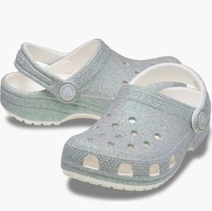 BNWT Kids' Classic Iridescent Glitter Clogs, White/Silver
